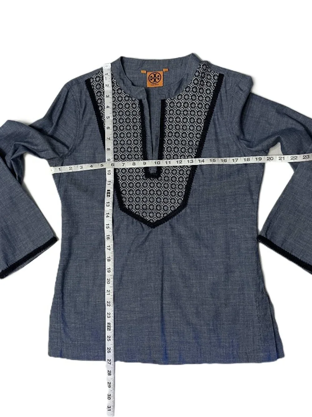 Tory Burch Tunic Blouse Top Sz 8 Med Embroidered Blue Chambray Geometric Cotton